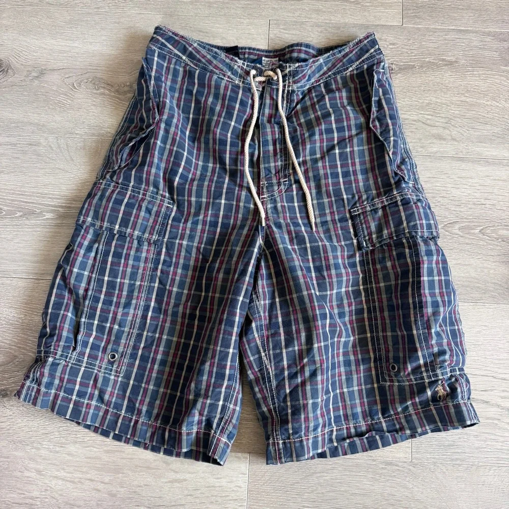 Y2K Polo Ralph Lauren Plaid Cargo Board Shorts Mens 28 Navy Blue Red Swim Trunks